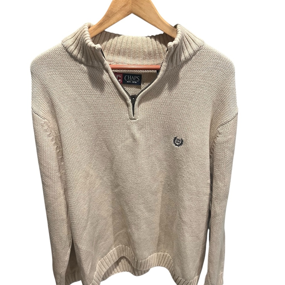 Chaps Cream‎ Quarter Zip Sweater Mens XL Cotton Knit Ribbed Collar Preppy Logo